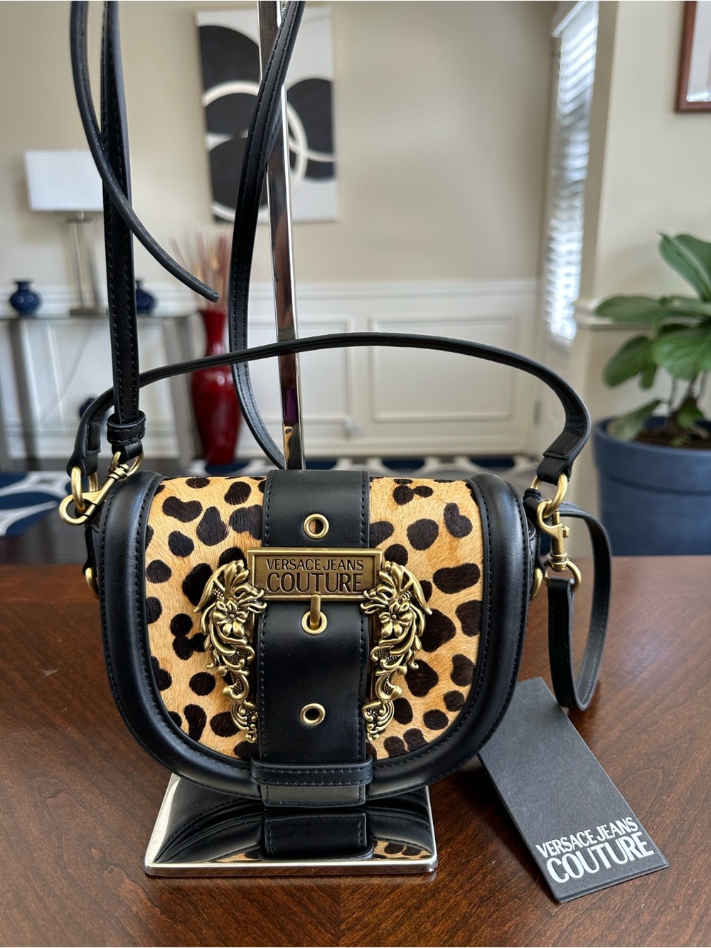 Versace Jeans Collection Leopard Print Mini Crossbody Bag in Black and Tan